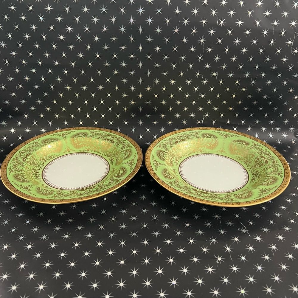 Vintage Cauldon England Set of 2 Porcelain Green & Gold Design Soup Plates